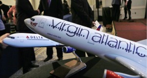 Aircraft models are seen following a news conference to announce the sale of Virgin Atlantic airline to Delta Air Lines, in New York